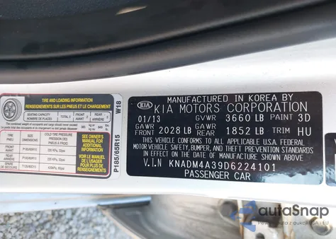 2013 Kia Rio Lx из США, поврежденный, VIN KNADM4A39D6224101